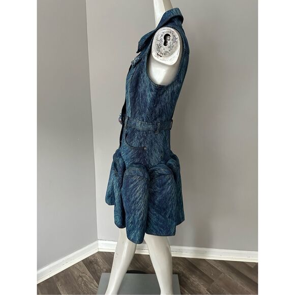 NWT Area Crystal Embellished Fur Print Sleeveless Godet Mini Dress Indigo Size 6 - Picture 9 of 13